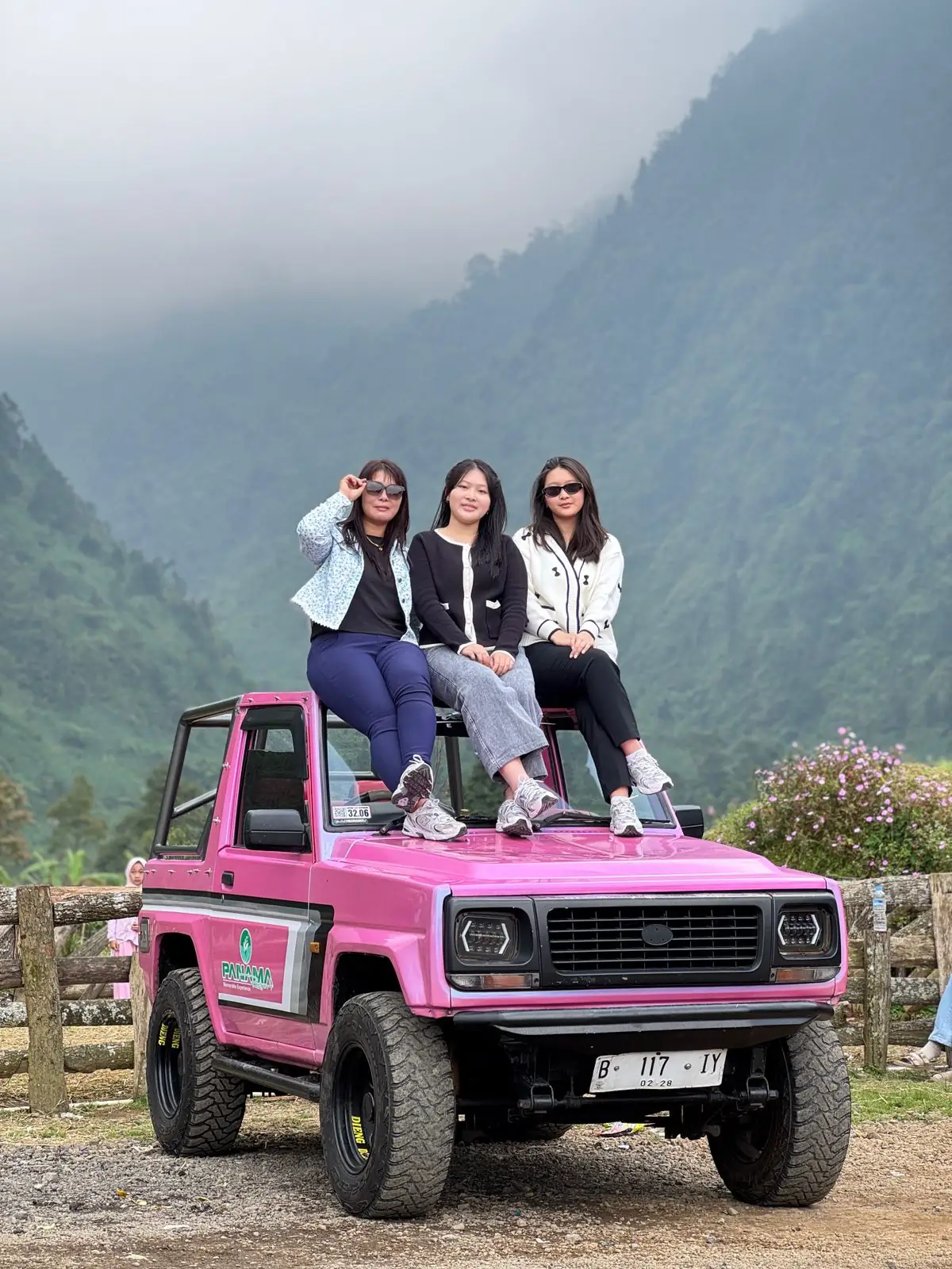 Tiga wisatawan duduk di atas jeep wisata merah muda di lembah hijau berkabut