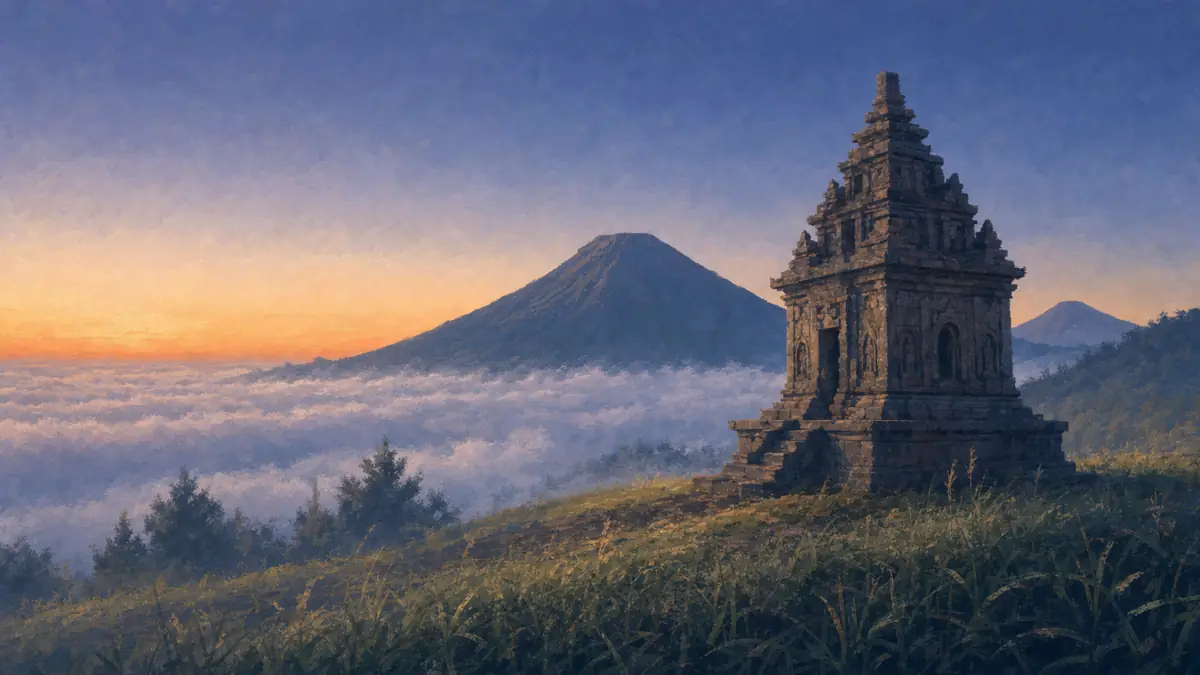 Ilustrasi candi batu kecil beratap bertingkat di lereng berkabut Dieng