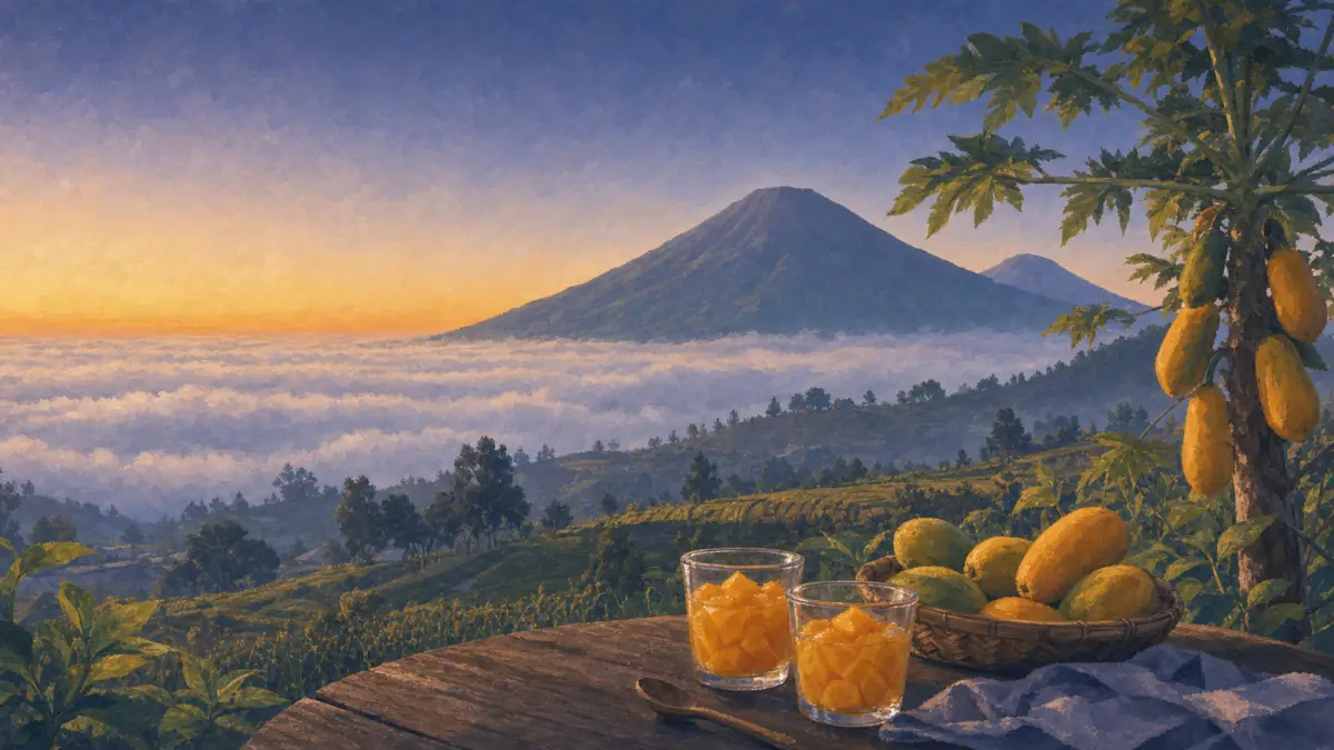 Ilustrasi buah carica dan manisan carica dalam gelas
