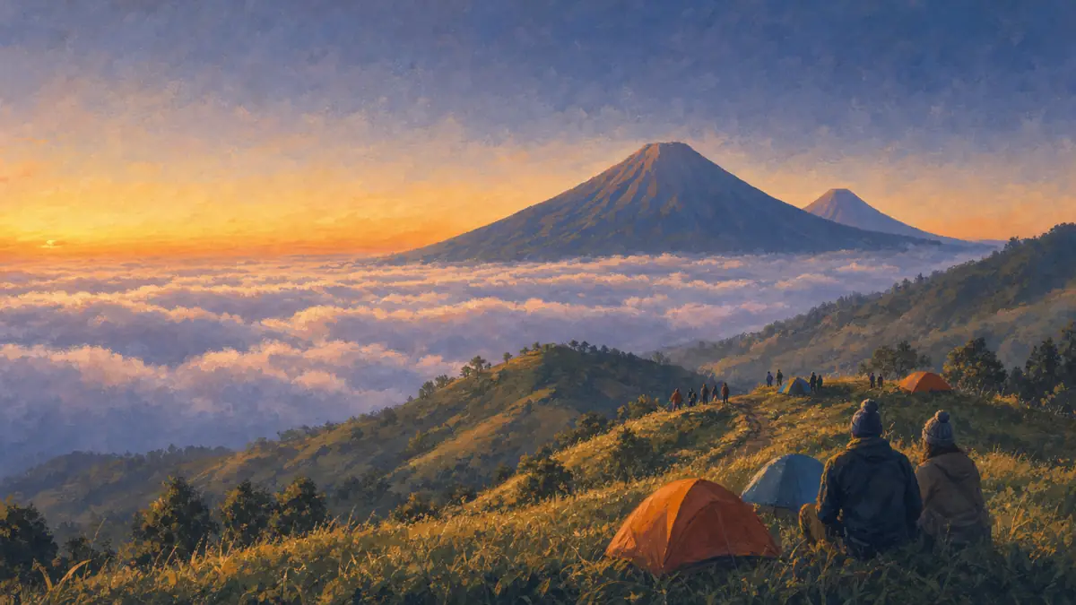 Ilustrasi sunrise dari puncak Gunung Prau dengan tenda dan Sindoro–Sumbing di kejauhan
