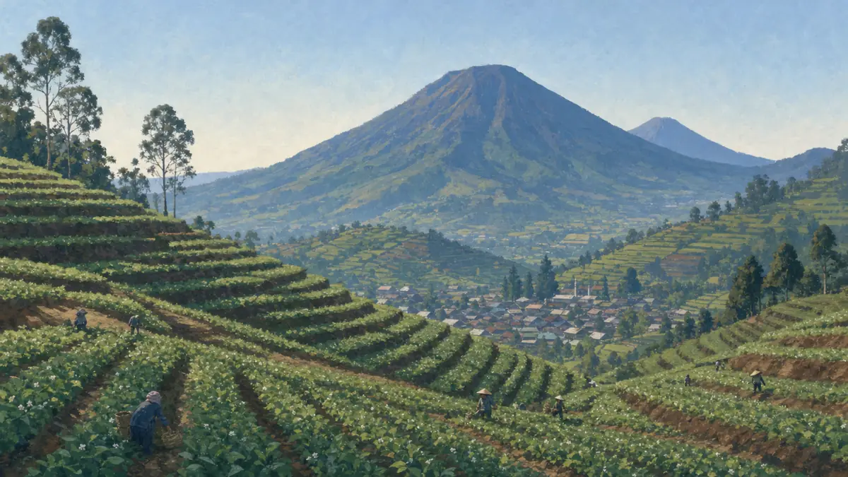 Ilustrasi ladang kentang berteras di lereng Dieng