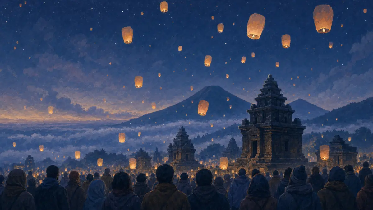 Ilustrasi lampion dilepas ke langit malam di atas candi Dieng