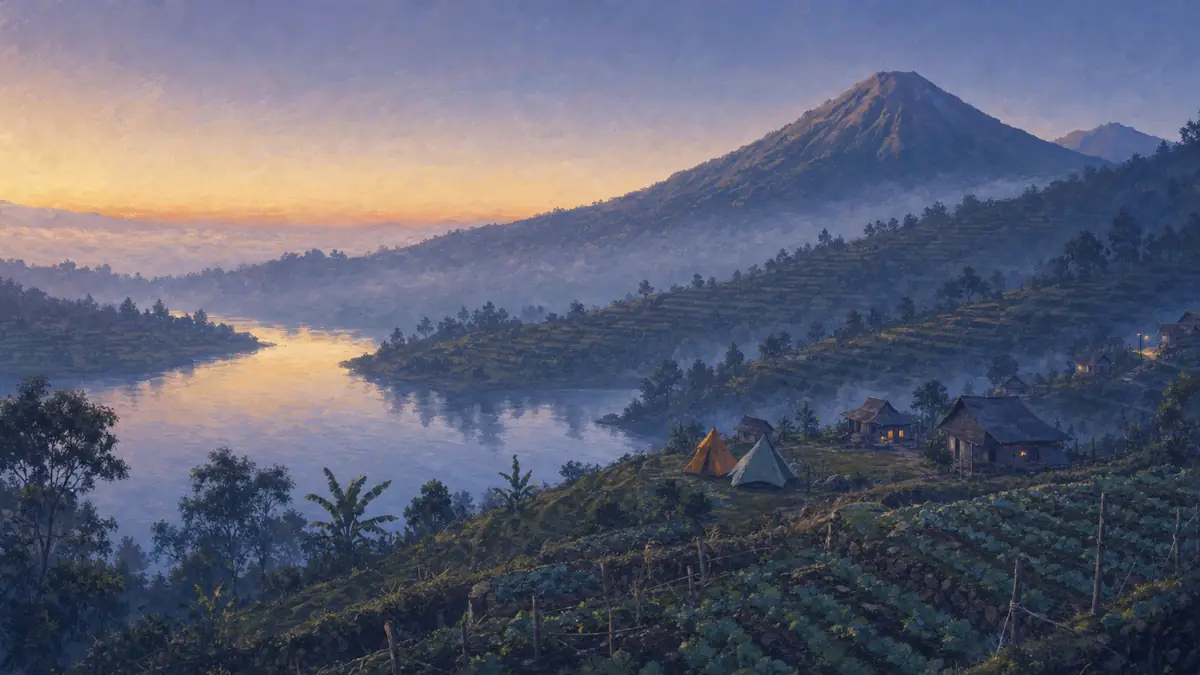 Ilustrasi Telaga Cebong di Desa Sembungan saat subuh dengan tenda berkemah