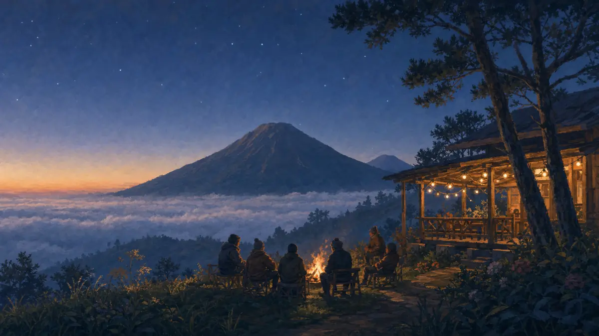 Ilustrasi rombongan mengelilingi api unggun di halaman villa Dieng