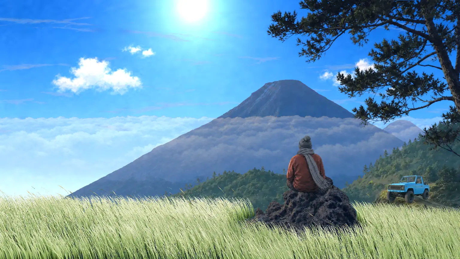Ilustrasi Dieng saat siang cerah dengan Sindoro