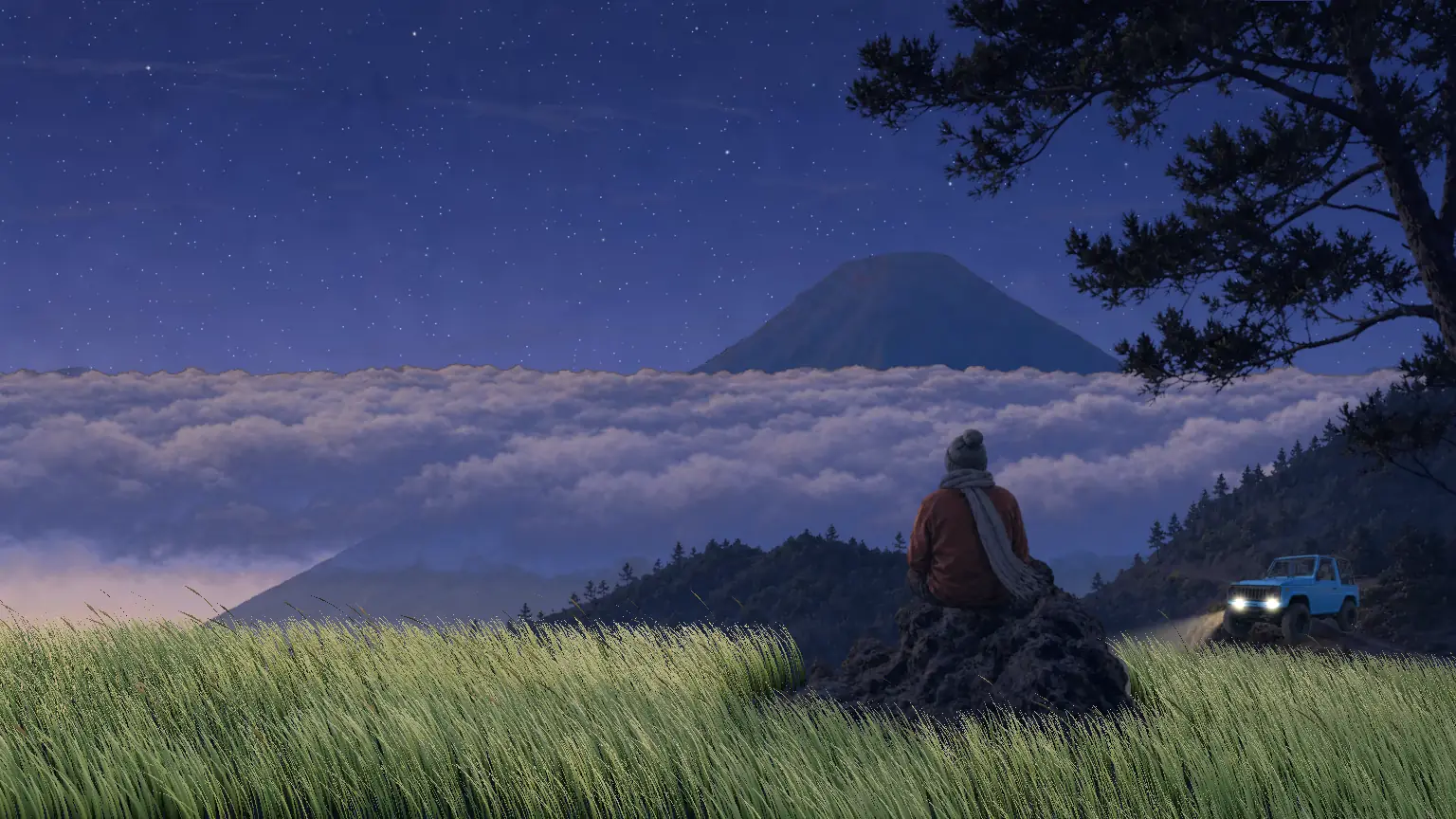 Ilustrasi Dieng saat subuh: Sindoro, lautan awan, jeep, dan pendaki